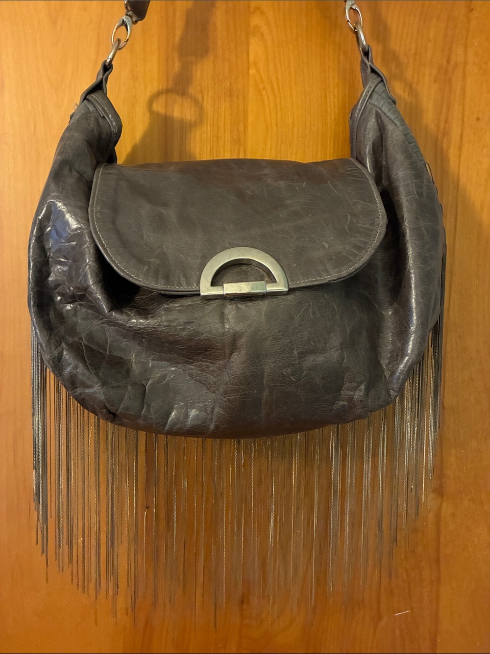 Kent Stetson Fringed Shoulder Hobo Bag in Dark Brown/grey Leather!